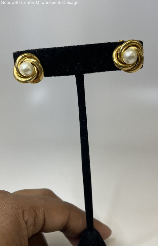 Vintage Napier Gold Tone Faux Pearl Knot Clip On Earrings 6.2g