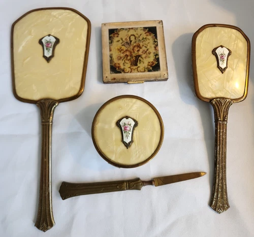 Vintage 5 Piece Dresser Vanity Set Gold Toned Mirror, Brush, Powder Jar, Compact
