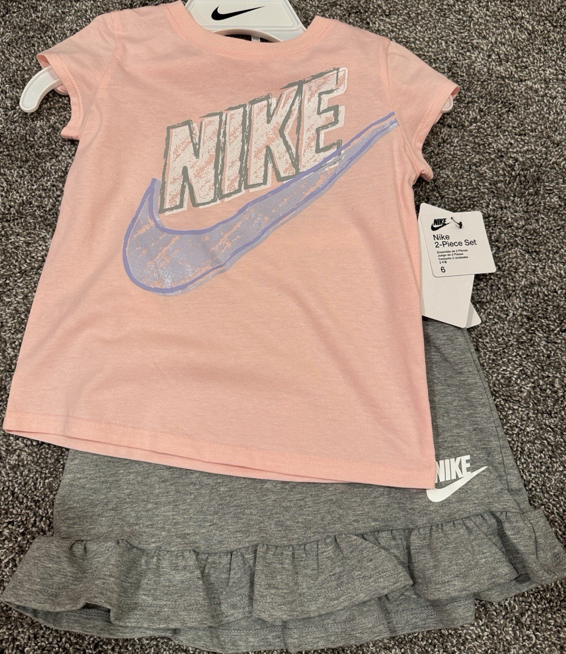 Nike Girls 2-Piece Pink T-Shirt & Gray Skort Set Size 6 Logo Ruffle
