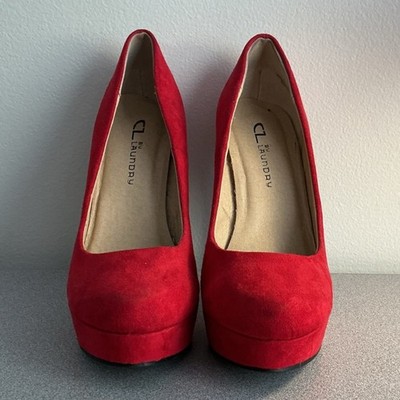 CL BY LAUNDRY Red Faux Suede Platform Stiletto Pumps Round Toe Slip On