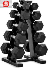 150 LB Rubber Coated Hex Dumbbell Hand Weight Set with Vertical Storage Rack