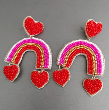 Fun Beaded RED HEART Earrings White Pink Valentines Lightweight 2.25  