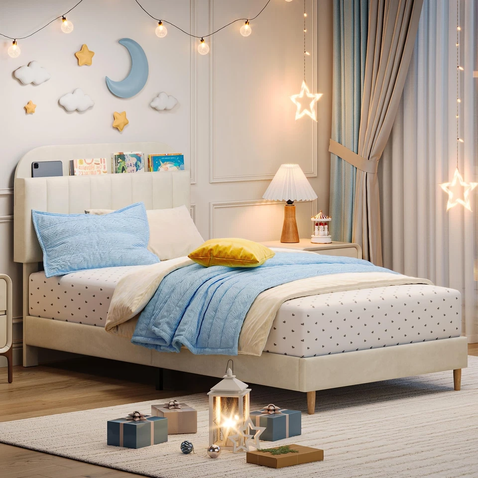 Twin Size Bed Frame Upholstered Platform with Velvet Headboard for Boy & Girl - Image 3 of 4