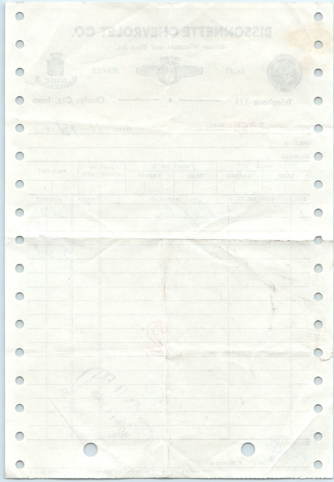 1950 Charles City, Iowa Chevrolet Receipt Car Auto Dealer