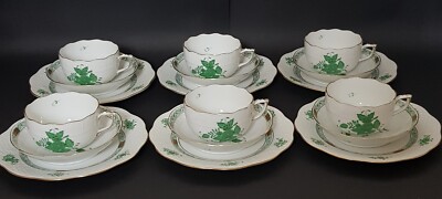 HEREND Apponyi grün 6 Tee Gedecke Tasse Untertasse Dessertteller Handarbeit