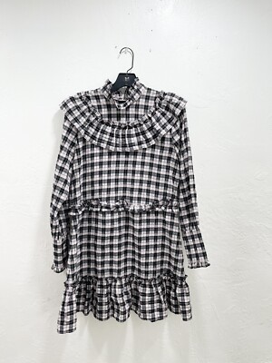 Ganni Charron Pink Check Plaid Seersucker Ruffle Mock Neck Mini Dress Size  36 | eBay