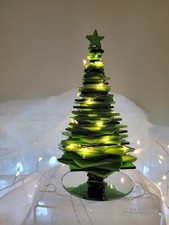 Stained Glass Christmas Tree Green Stacked 3-D Star Mirror Base White Lights