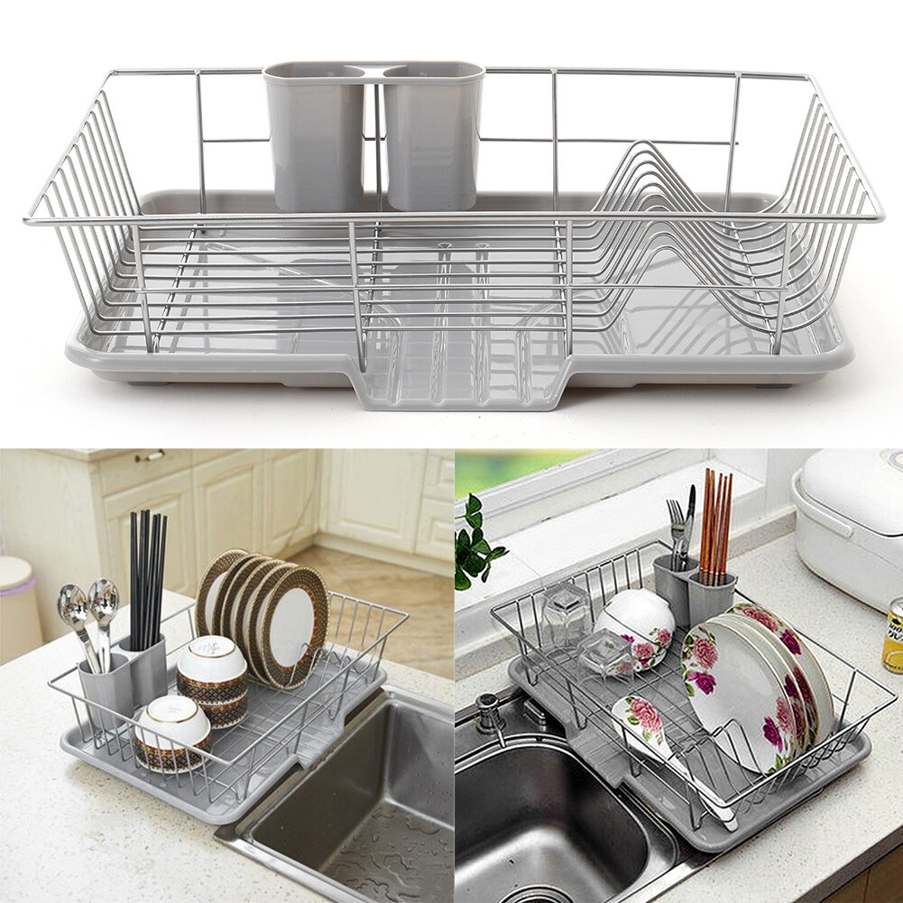 Metal Wired Dish Drainer Rack With Removable Drip Tray Kitchen Sink Plate  Holder