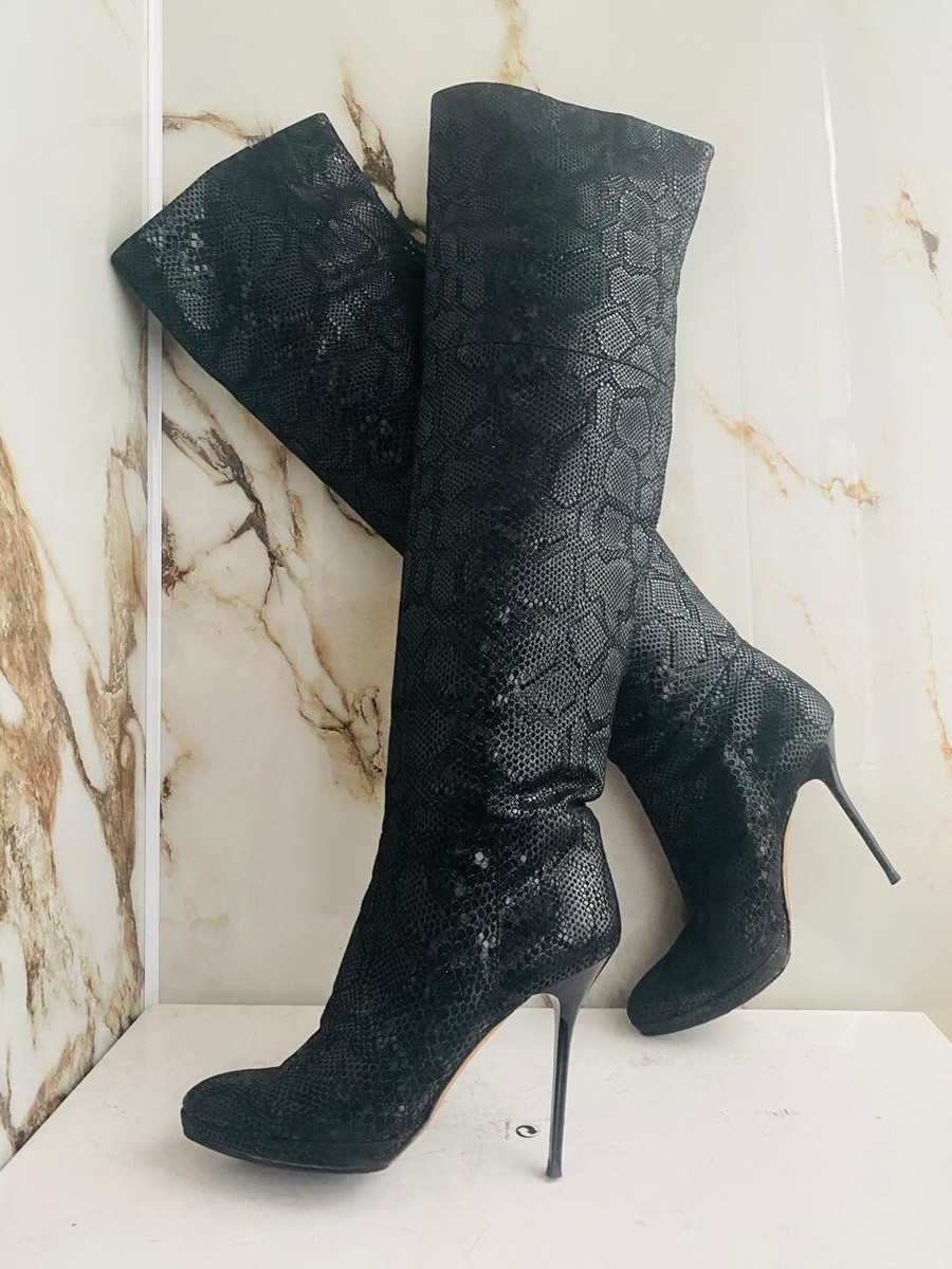 Jimmy Choo Over The Knee Women Boots High Heels Black Suede Size