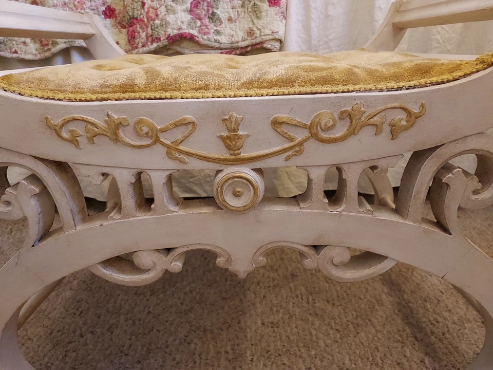 Banqueta de banco vintage francesa country art nouveau cadeira vaidade gasto e chique - Imagem 2 de 4