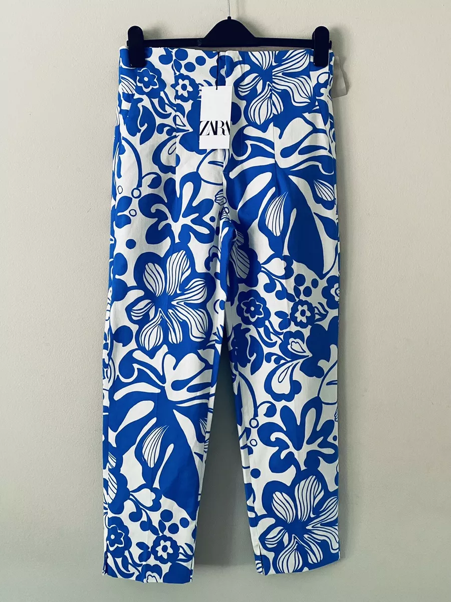 Zara Blue Floral Flared Leg Cropped Trouser Pants Size S