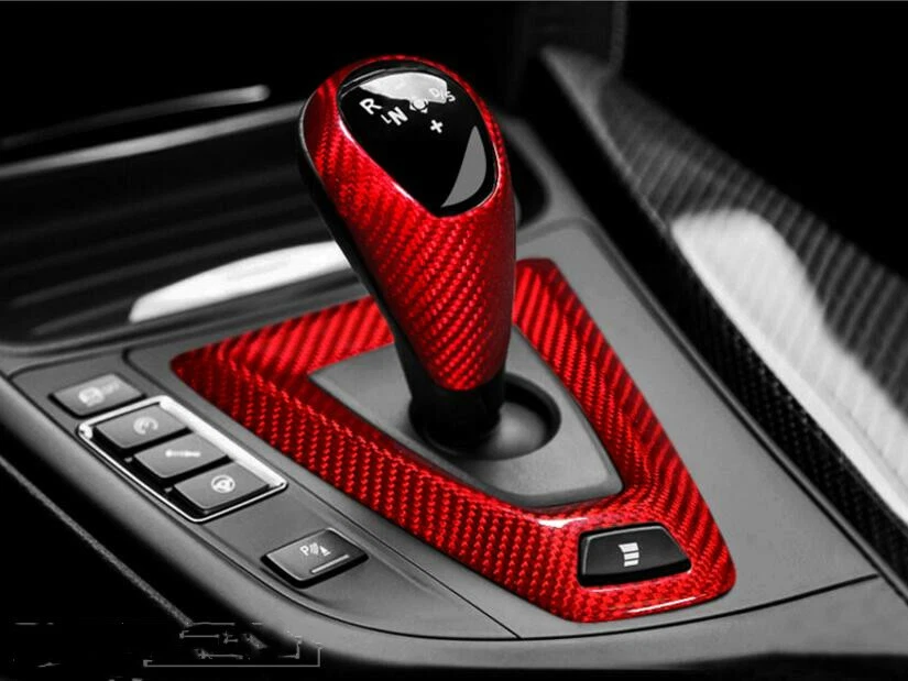 Cubierta de cabeza de perilla de cambio de marchas de fibra de carbono real roja para BMW M3 M4 F80 F82 2014-2018 Foto 3 de 4