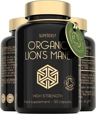 SUPERSELF Organic Lions Mane Supplement - 1800mg Lion's Mane Mushroom Extract 30 Capsules