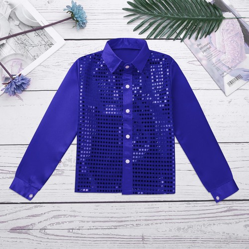 Kid Boy Glittery Sequined Dance Tops Shirts Jazz Latin Stage Performance Costume - Picture 32 of 53