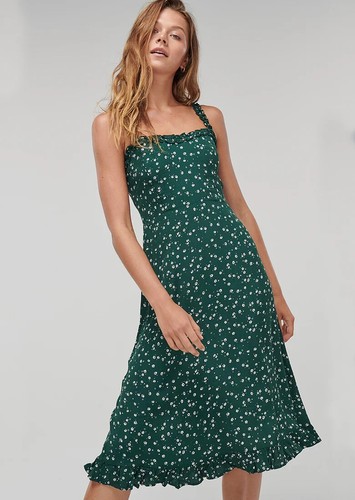 GHANDA - Size M 'Broadway Dress - Lola Floral' green shirred midi frill detail