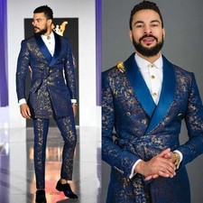 Men's Retro Jacquard Suit Shawl Lapel with Belt Jacket Pant Slim Wedding Suits
