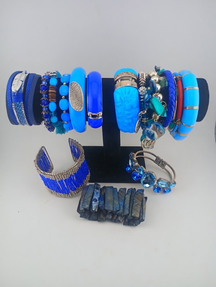 Blue Silver Stackable Beaded Bangle Cuff Charm Wr… - image 2