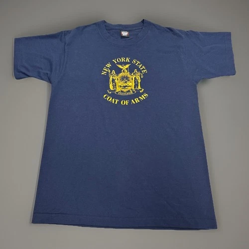 Vintage 80s New York State Coat Of Arms T Shirt Adult Large Blue Single Stitch