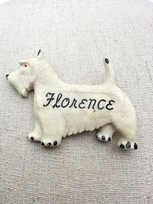 Vintage Celluliod Scottie Dog Pin Brooch with the name Florence