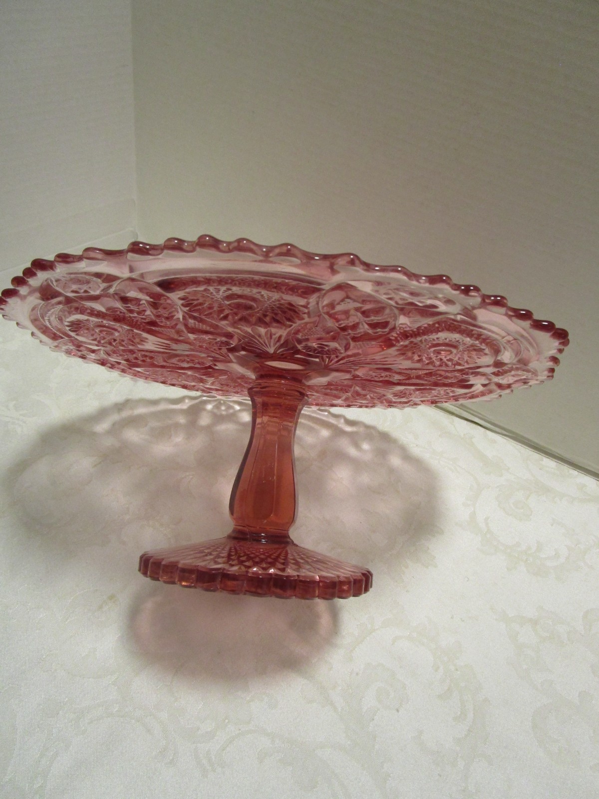 Vintage Imperial Pink Glass Pedestal Cake Stand Fashion Pattern 13" wide  1970's