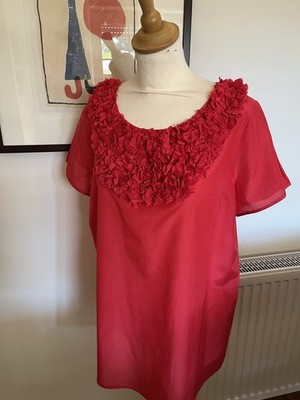 Weekend Max Mara Damen Tunika Bluse rot Rüschen Rundhals Kurzarm L