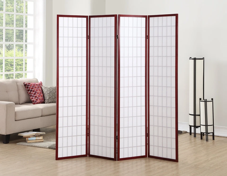 Cherry Finish 4 Panel Room Divider Japanese Shoji Screen For Privacy And Decor - Image 2 of 3