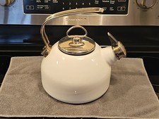 Vintage Heavy Chantal Whistling Tea Kettle White Tea Pot 1.8qt Enamel ON Steel