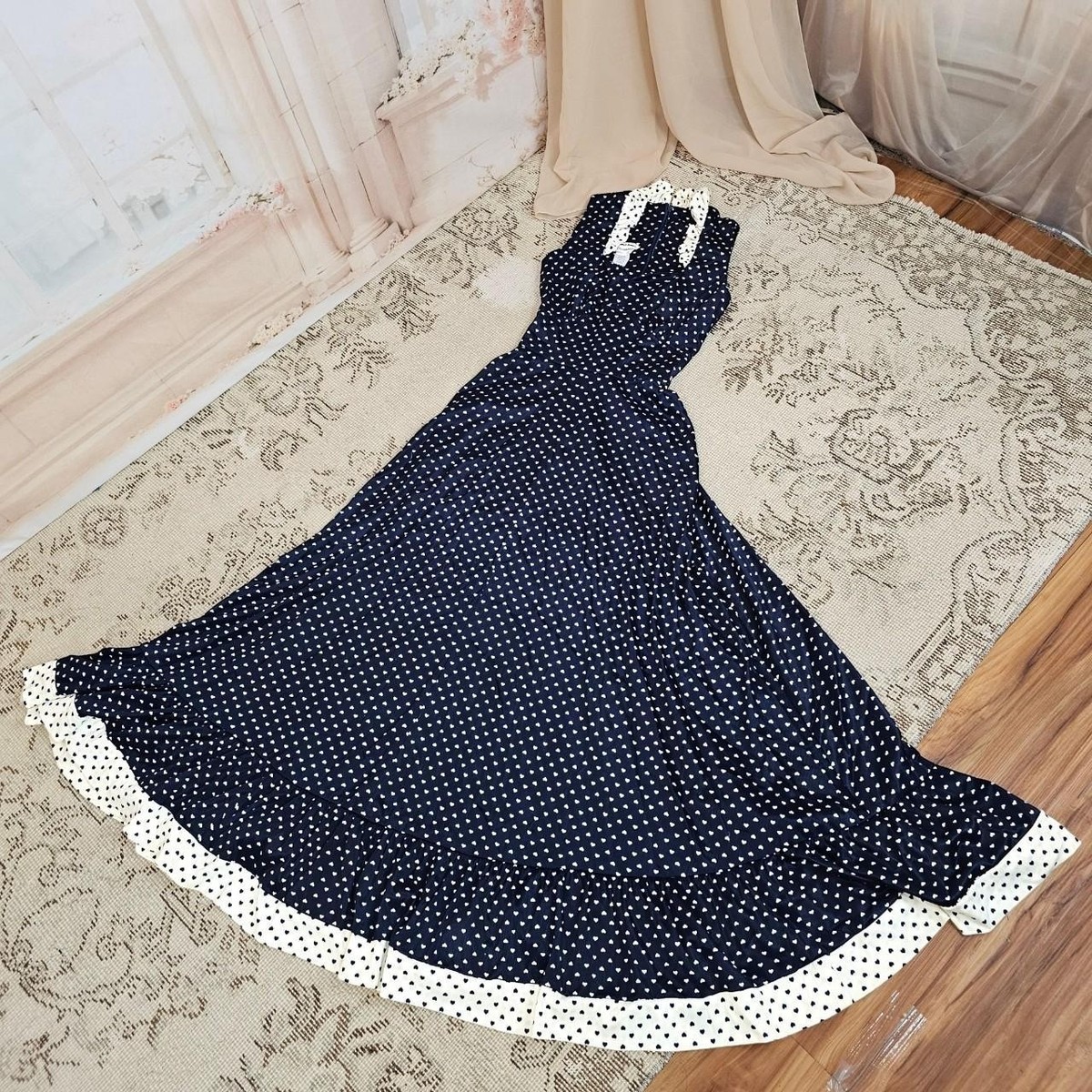 Vintage 1970s Dress Navy Blue White Hearts Ruffle Sweetheart Neckline Maxi | eBay Vintage 1970s Dress Navy Blue White Hearts Ruffle Sweetheart Neckline Maxi | eBay