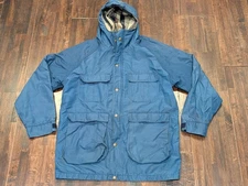 Woolrich Jacket Mens Med Blue Hooded Mountain Parka Wool Plaid Lined Pockets Zip