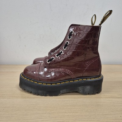 Dr Martens Sinclair Wild Burgundy Croc Embossed Platform Leather Quad Boots Uk 4