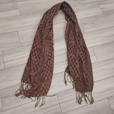 Reversible Multi Brown/Black Paisley Woven Fringed Scarf Shawl Wrap.  Size 53x67
