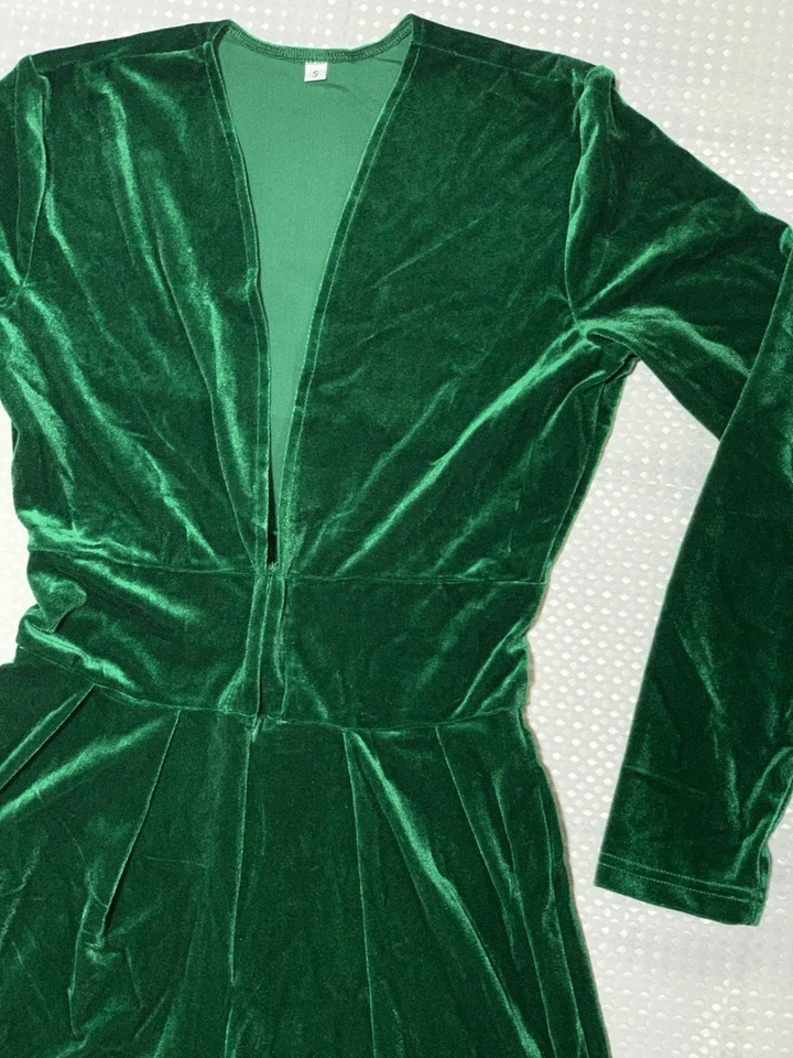 Mono de terciopelo para mujer, vestido con cuello en V, manga larga, cintura alta talla S. Verde Foto 2 de 4