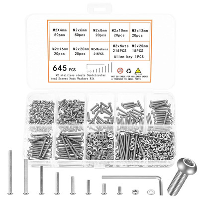 645-Pc M2 Screw Kit Stainless Steel Machine Screws Nuts Washers Button Head Metr