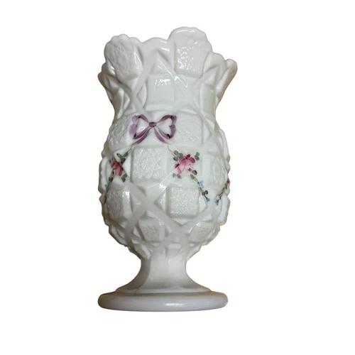 Vintage Westmoreland "Old Quilt" Roses Bow Milk Glass Footed Vase 7”