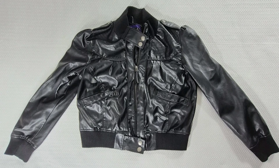 Miley Cyrus Max Azria XL Jacket Black Faux Leather Bomber Cropped Y2K Womens - Image 2 of 4