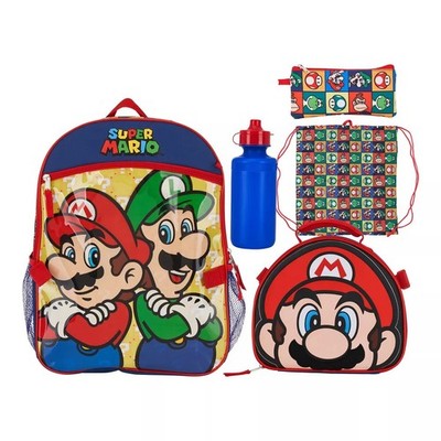 Super Mario Bros 5-pc Backpack Set Book Lunch Bag Stain-Water Resistant 16x12x5