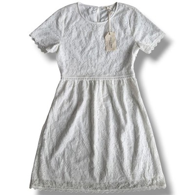 Tea n Rose Womens S Ivory Floral Lace Short Sleeve Scallop Hem Mini Dress Bridal