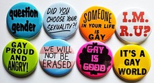 Vintage Reproduction Gay Pride Pinback Buttons Magnets  Bottle Openers. Set 02