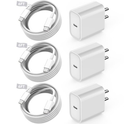 3 Pack of 20W USB-C Fast Charging Blocks with 6FT Cable for iPhone 16/17