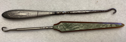 Antique Victorian Shoe Boot BUTTON HOOK Set of 2 One Metal One Green Celluloid