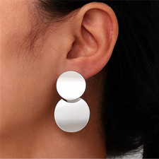 Modern Minimalist Silver Disc Dangle Drop Earrings Sleek Reflective Statement