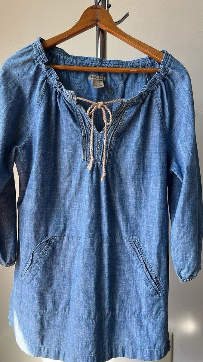 シャツタンク Ruff Hewn Women's Chambray Tunic Top Boho Peasant Blue Denim Tie