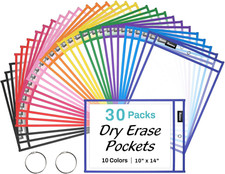 30 Packs Oversized Reusable Dry Erase Pocket Sleeves with 2 Rings, 10 Assorted C