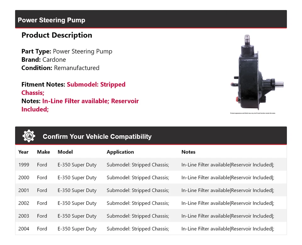 For 1999-2004 Ford E-350 Super Duty Stripped Chassis Power Steering Pump Cardone - Image 2 of 4