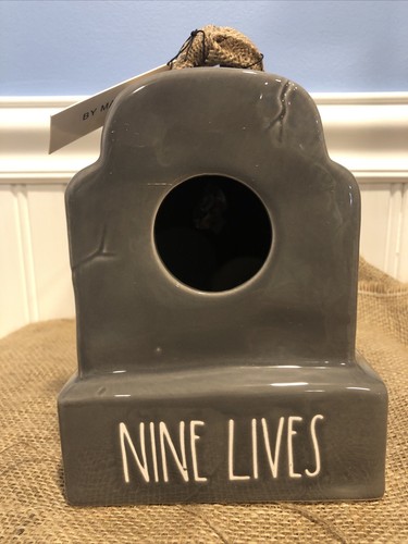 NEW Rae Dunn Cat Birdhouse FALL Halloween Ceramic Nine Lives Gray Tombstone - Picture 1 of 10