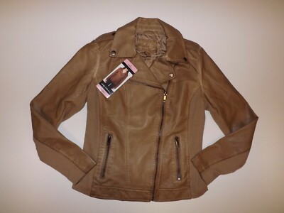 SEBBY COLLECTION Toffee Faux Leather Jacket L Large Collared Coat NWT Womens
