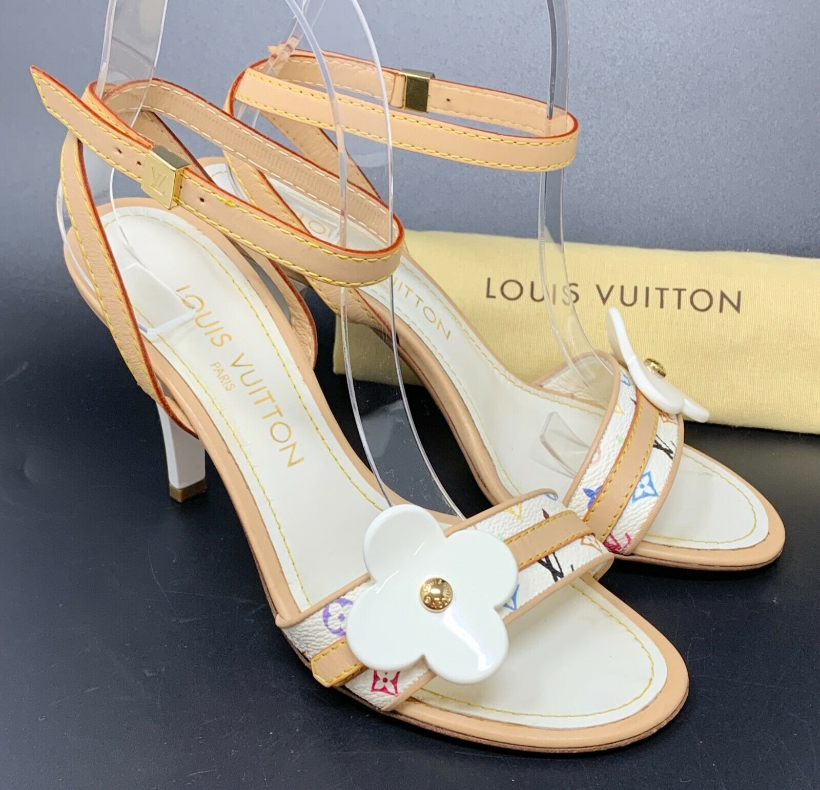 Louis Vuitton White Multicolore Monogram Canvas Kitten Heel Slides