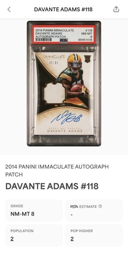 PSA 8 Davante Adams 2014 Immaculate Collection Rookie Auto /99 RPA RC POP 2 2^ - 第 3/3 張圖片