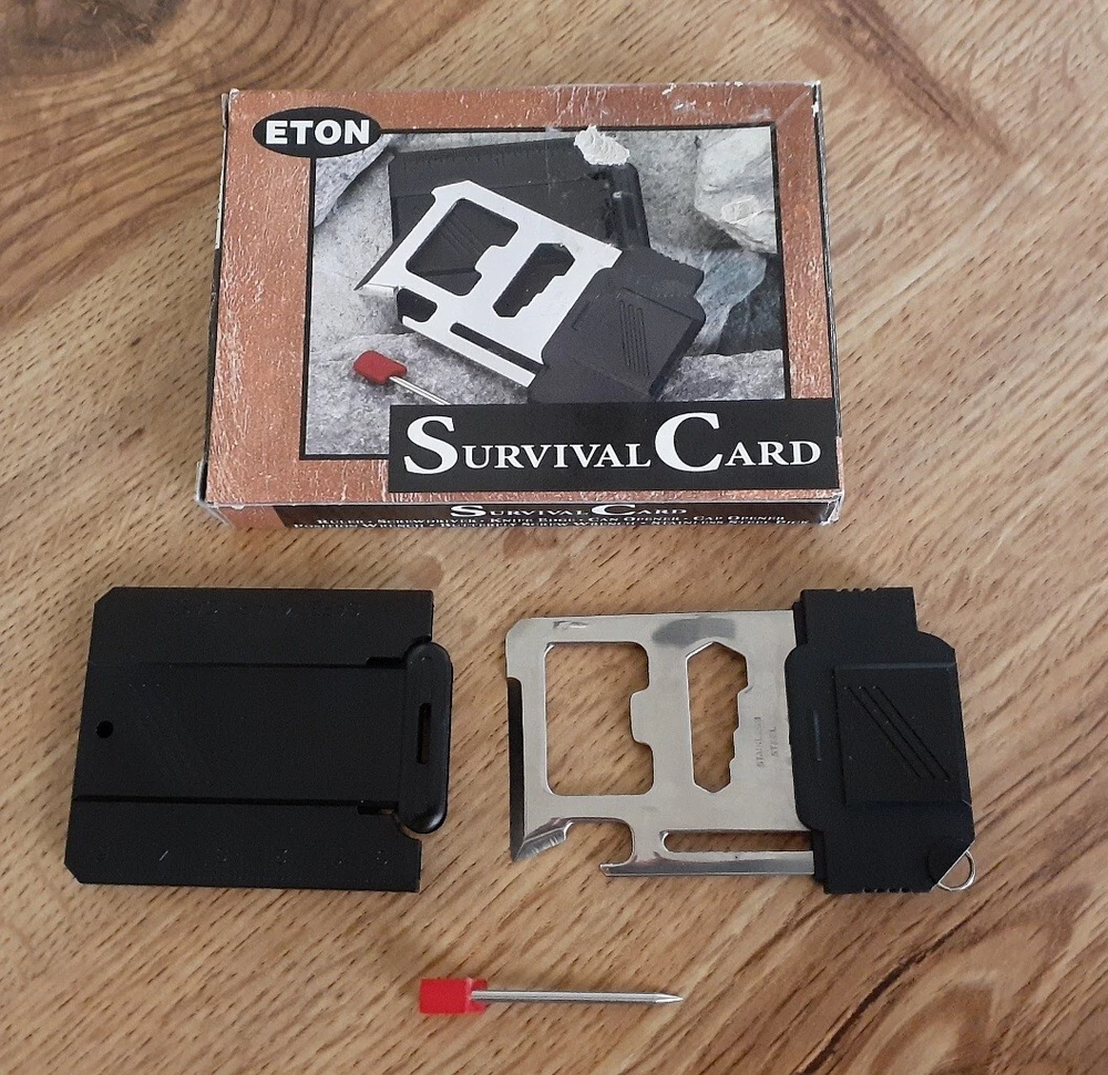 15-in-1 Multi Tool Pocketknife & 8-Tool Stainless Steel Eton Survival Card NIB