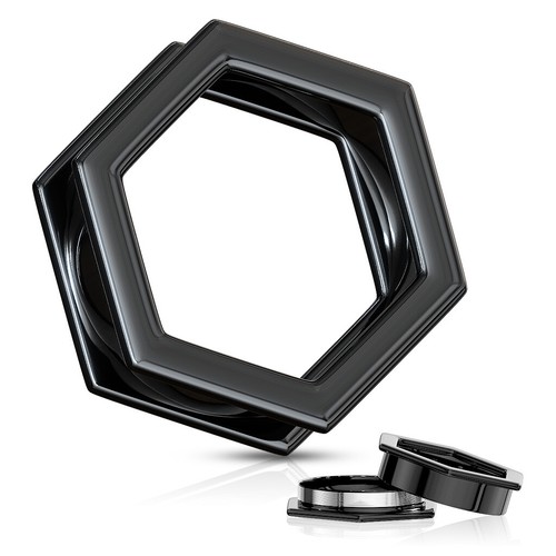 Black Surgical Steel Ear Plug Tunnel - Hexagon Shaped Flared - Picture 4 of 5